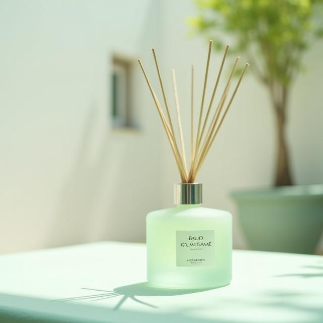 Difusor de aroma Patio Cordobés con varillas de mikado, evocando frescura.